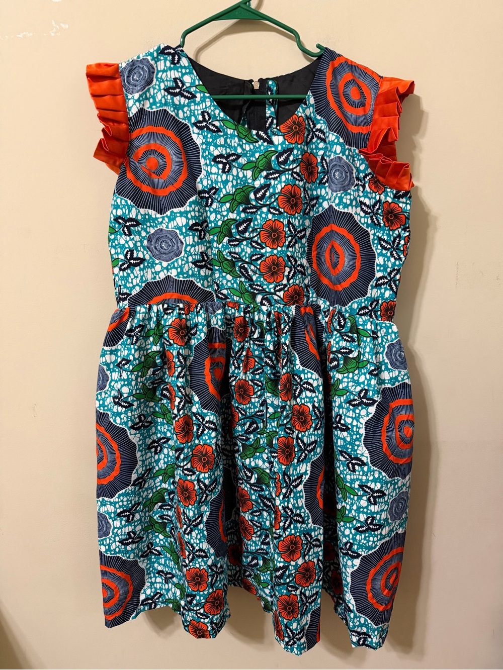 Women’s plus 2x handcrafted African Turquoise & Orange Ruffle-Sleeve Dress